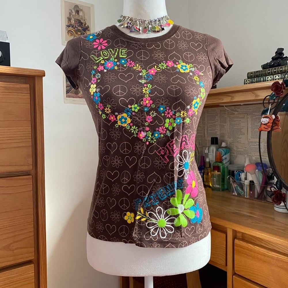 Floral Y2K Graphic Dark Brown Short Sleeve Top